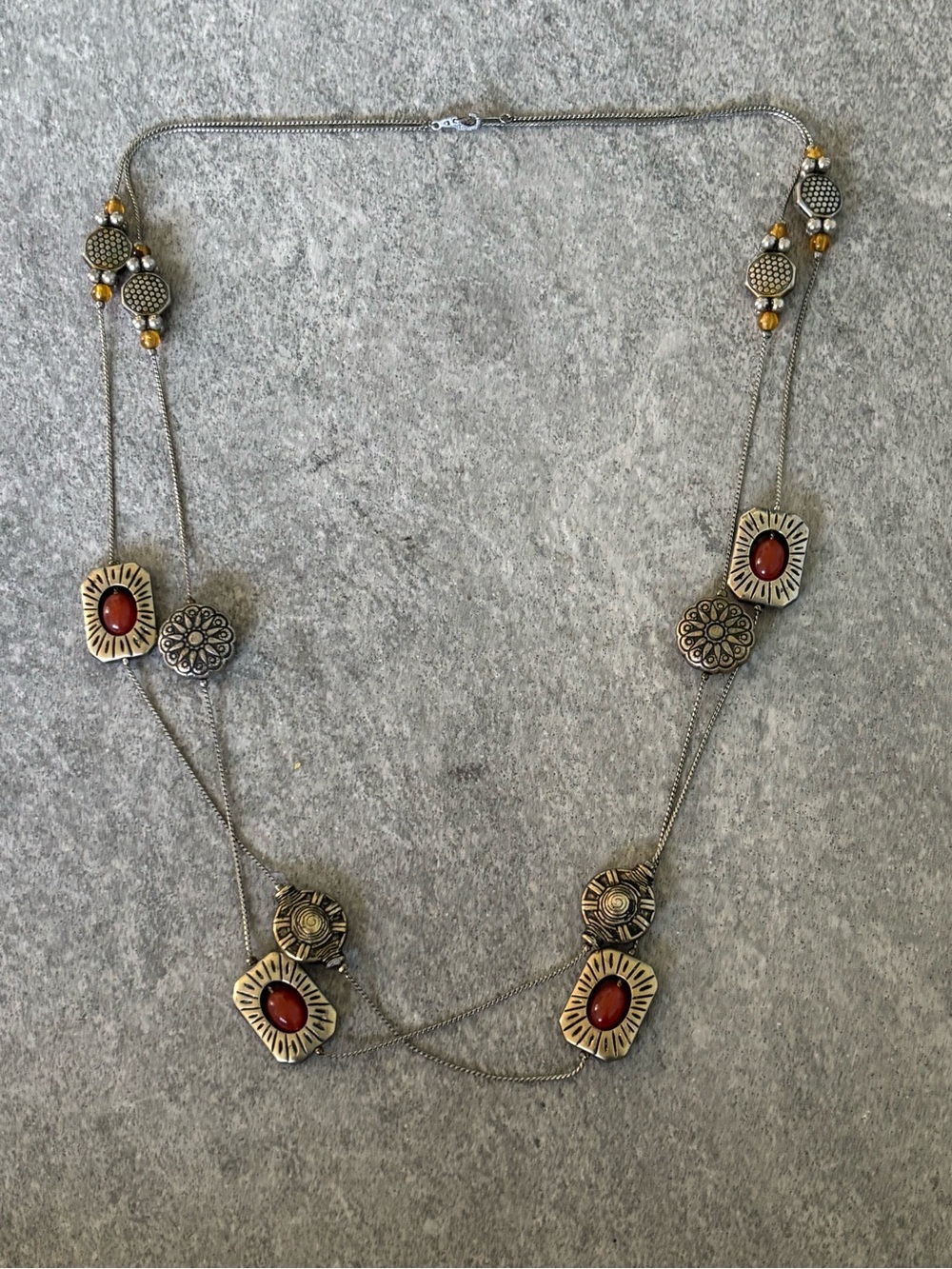 Vintage Boho Multi-Metal Necklace with Brownish-Red Bead Accents 14KGF
